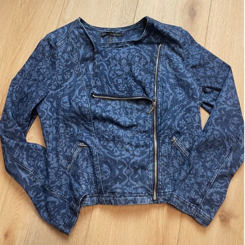 White House Black Market Blue Jacquard Denim Moto Jacket – Size 12 - Picture 2 of 4